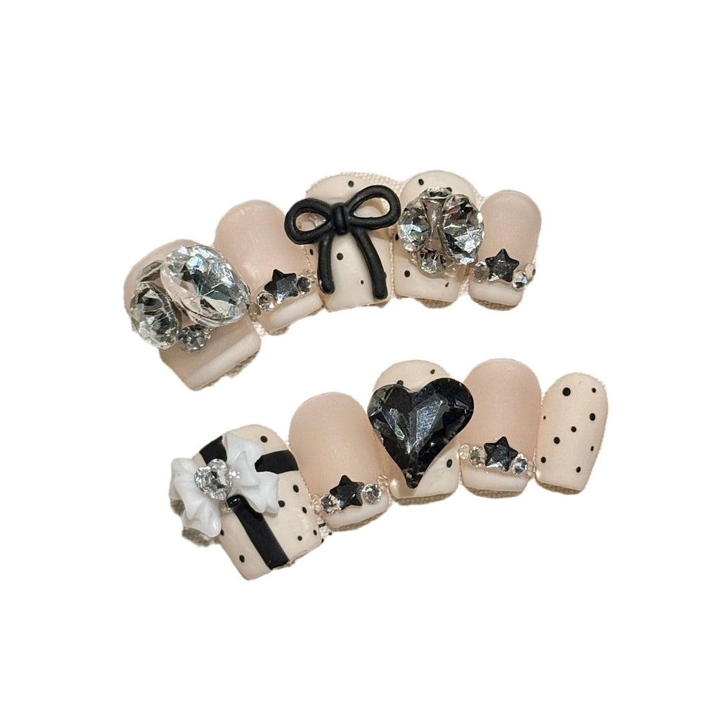 NLSJMP 3D Handmade Gel Nails Press-On Kit | Short Square Matte White with Rhinestones & Black Bow