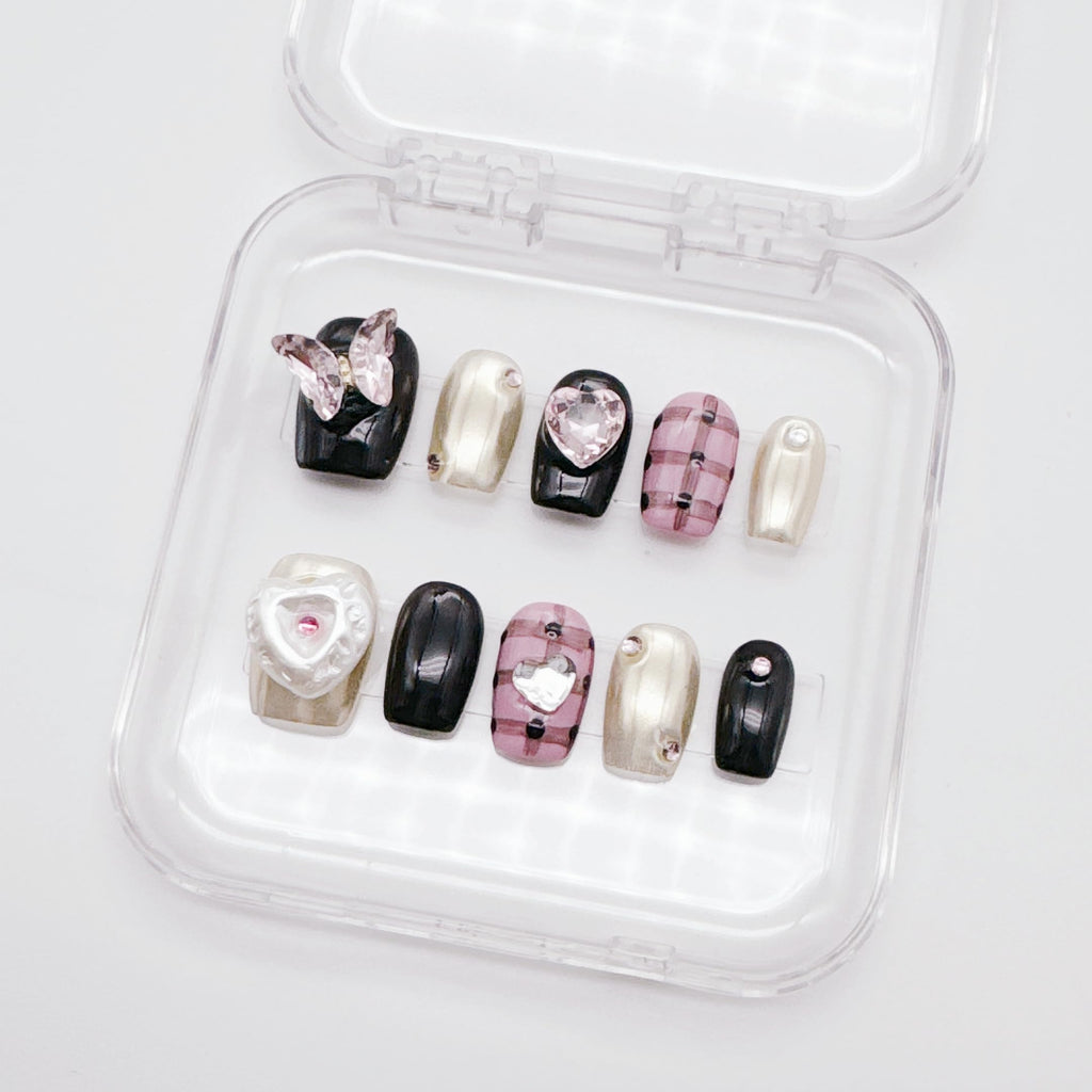 NLSJMP Butterfly Press-On Nails Kit – 10Pcs Size L, Short Square, Rhinestone Glitter