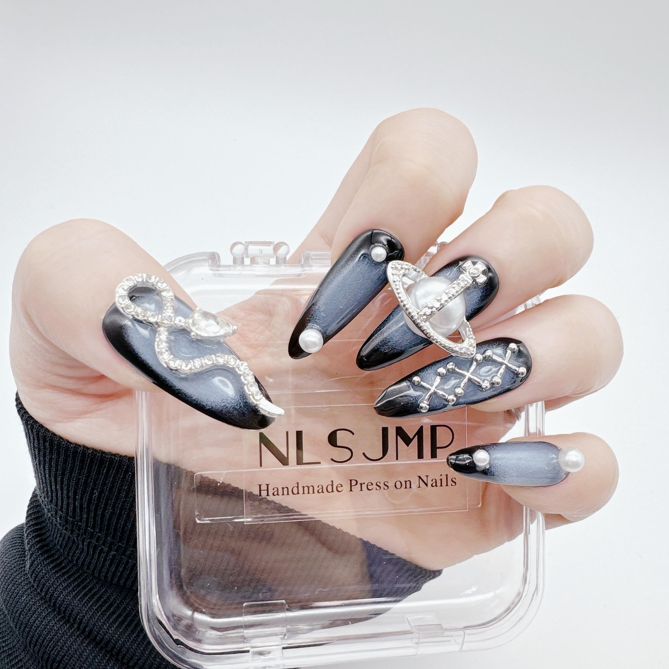 NLSJMP 10Pcs Size L 3D Handmade Long Stiletto Press-On Nails – Almond Ombre Kit