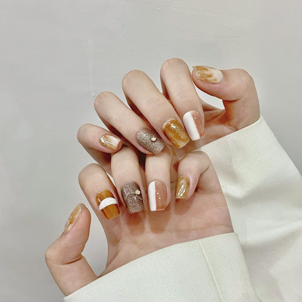 NLSJMP 3D Handmade Gel Nails Press-On Kit – Short Square, Autumn Caramel Blend, Reusable, 10 Nails Size S