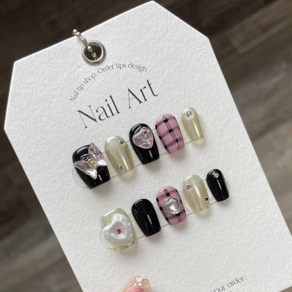 NLSJMP Butterfly Press-On Nails Kit – 10Pcs Size L, Short Square, Rhinestone Glitter