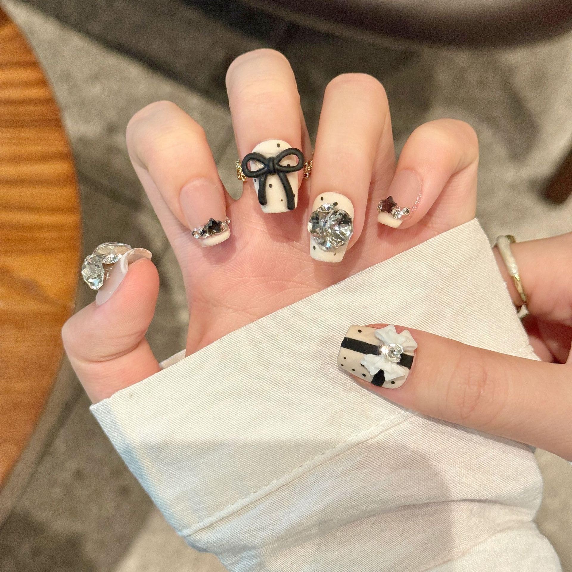 NLSJMP 3D Handmade Gel Nails Press-On Kit | Short Square Matte White with Rhinestones & Black Bow