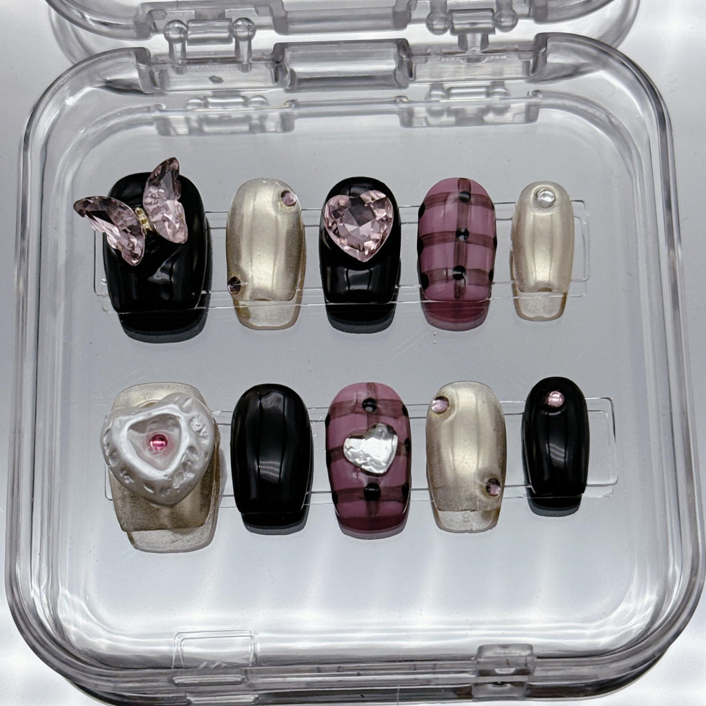 NLSJMP Butterfly Press-On Nails Kit – 10Pcs Size L, Short Square, Rhinestone Glitter