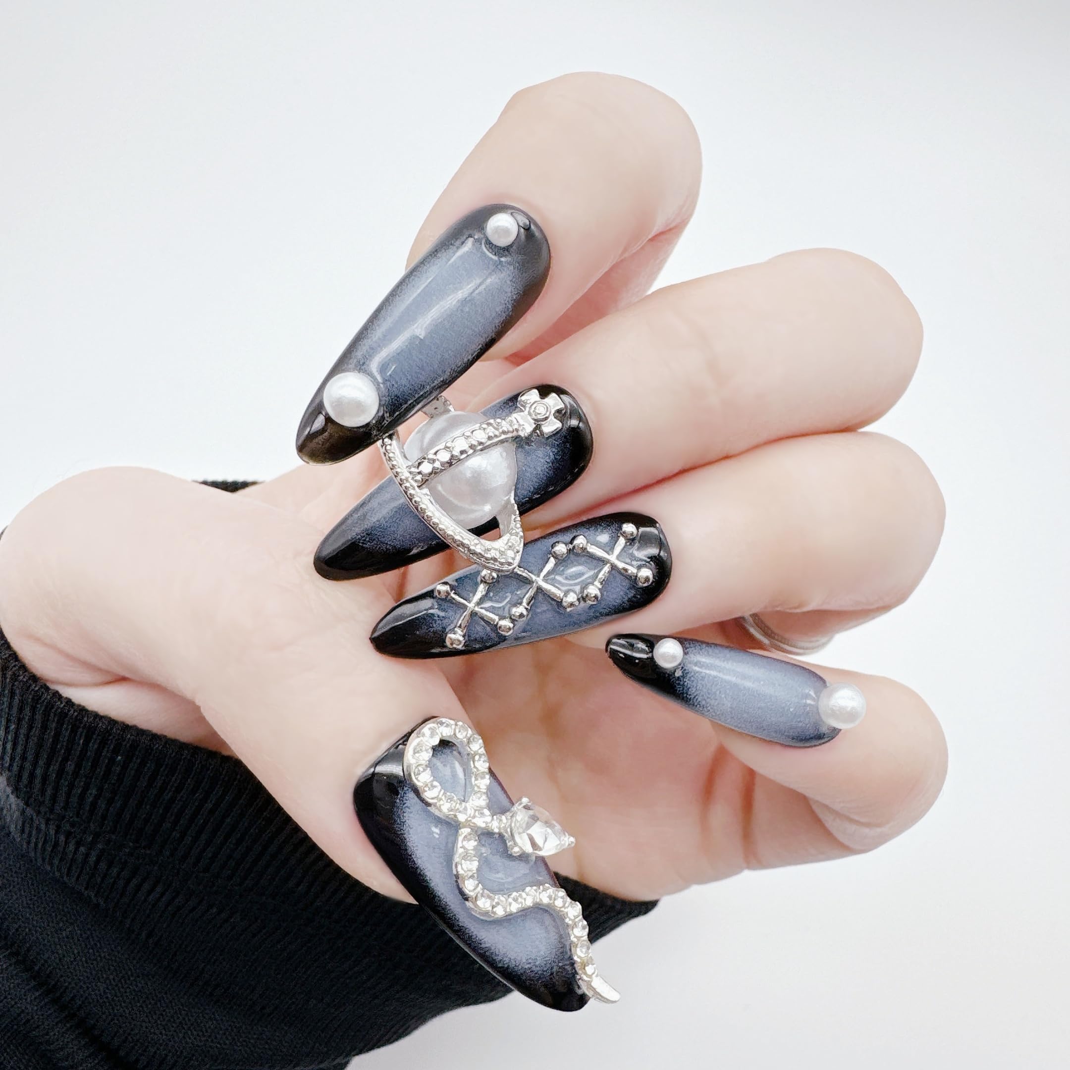 NLSJMP 10Pcs Size L 3D Handmade Long Stiletto Press-On Nails – Almond Ombre Kit