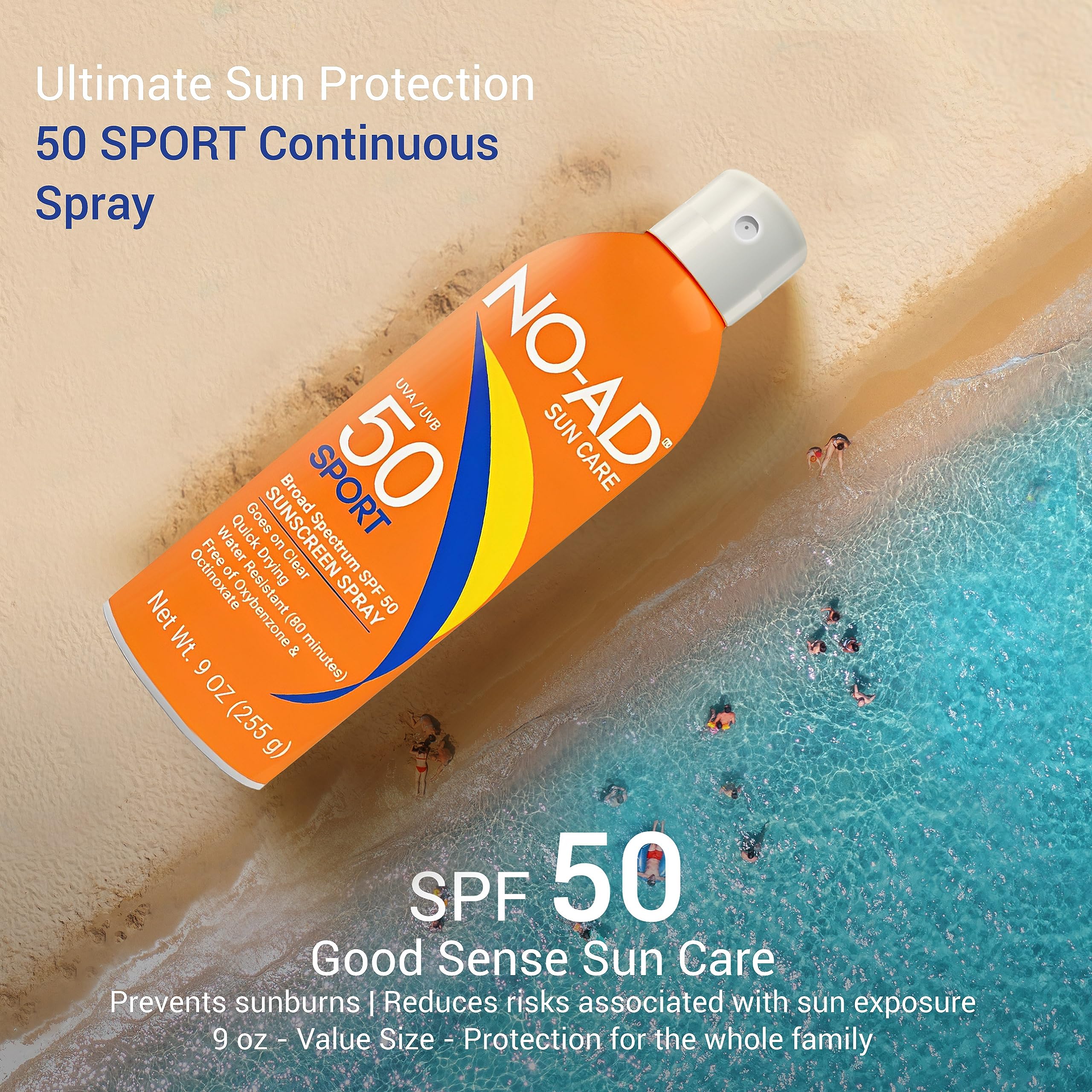 NO-AD SPORT SPF 50 Sunscreen Spray – Non-Greasy, Waterproof, 9 oz (2-Pack)