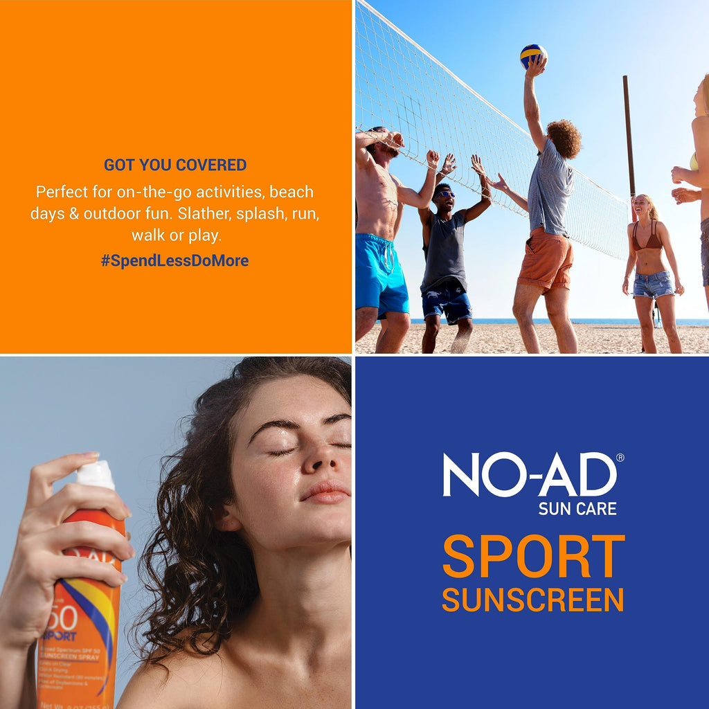 NO-AD SPORT SPF 50 Sunscreen Spray – Non-Greasy, Waterproof, 9 oz (2-Pack)