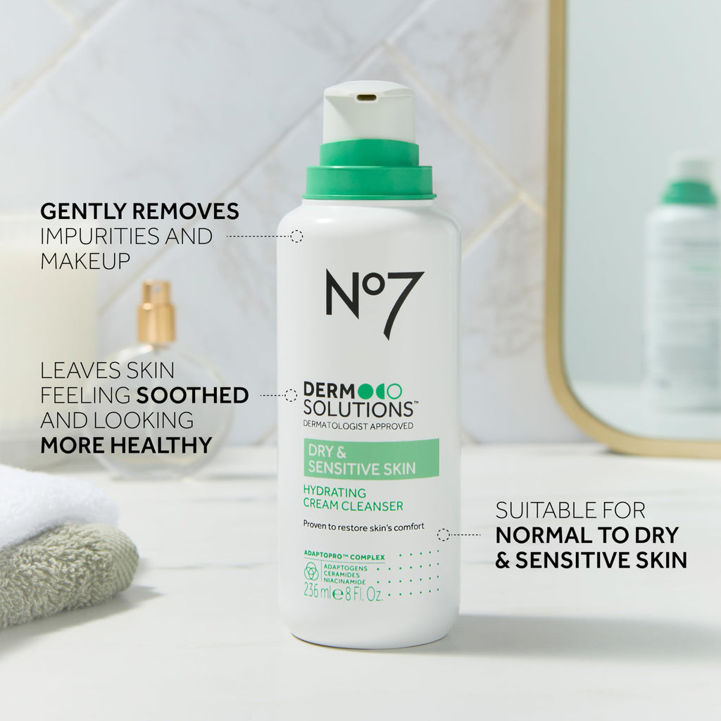 No7 Derm Solutions Hydrating Facial Cleanser – Ceramides, Niacinamide & Adaptogens for Dry & Sensitive Skin