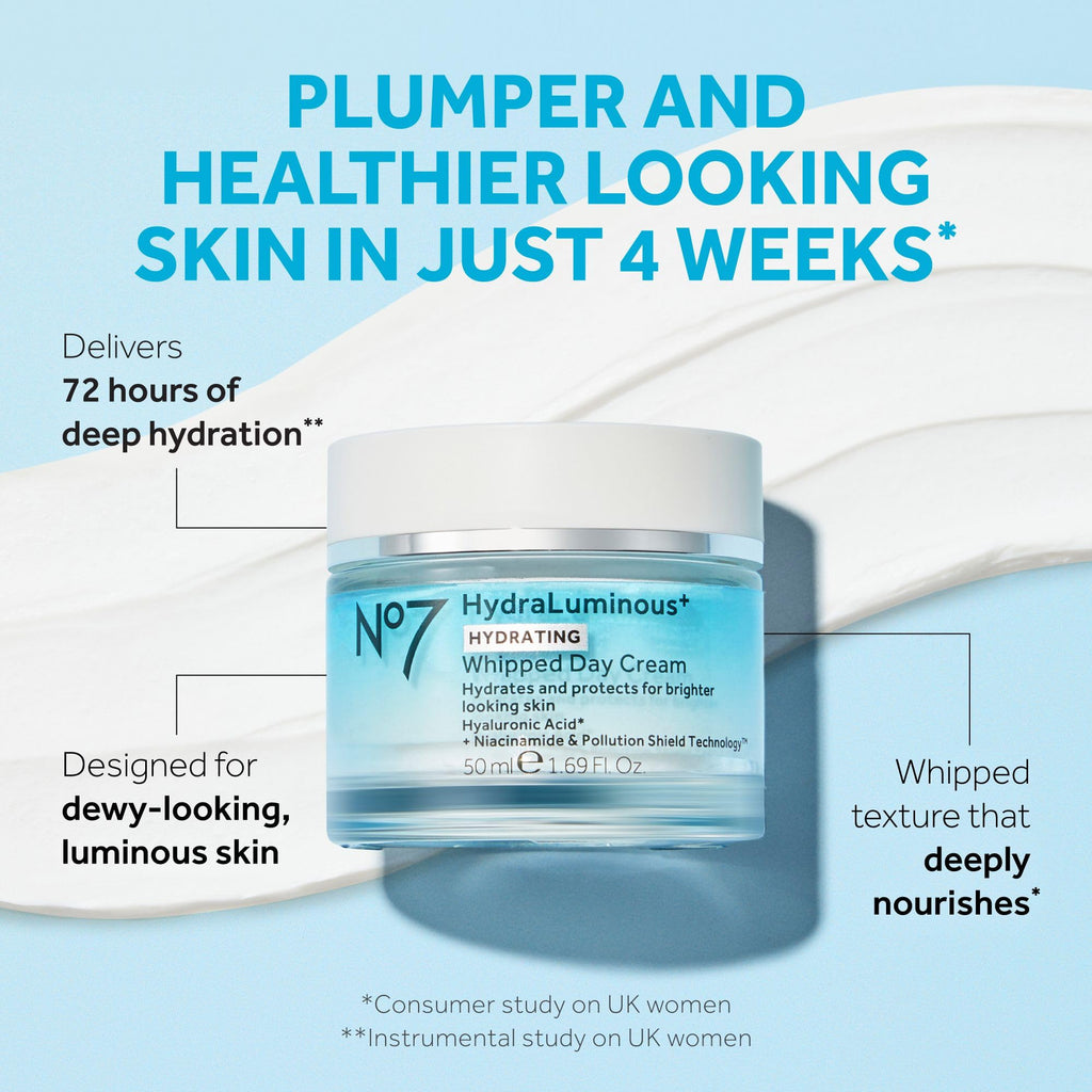 No7 HydraLuminous+ Whipped Day Cream – 72h Hydration with 2% Hyaluronic Acid & 5% Niacinamide (1.69 fl oz)