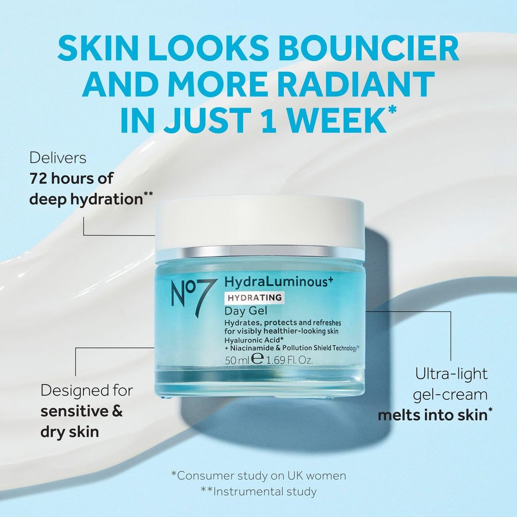 No7 HydraLuminous+ Hydrating Day Gel – 72-Hour Hydration with Hyaluronic Acid & Niacinamide