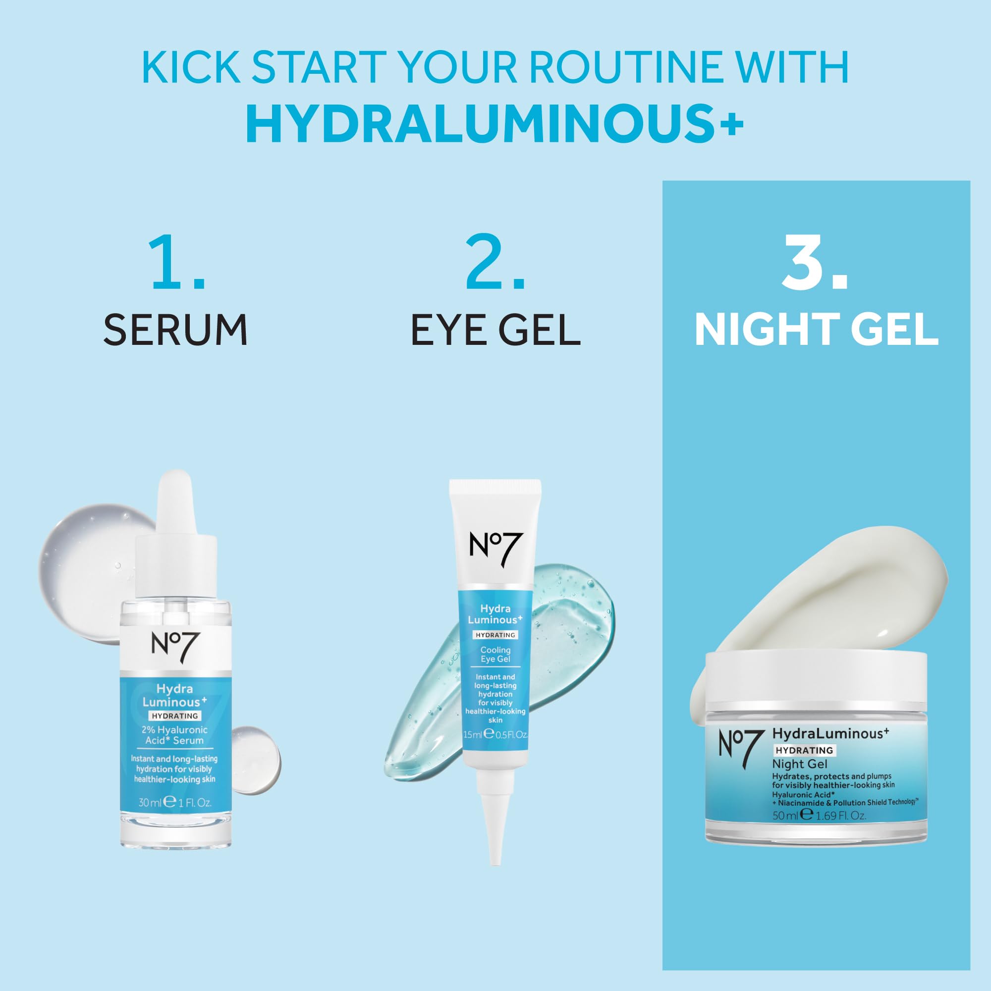 No7 HydraLuminous+ Night Gel Moisturizer – Hyaluronic Acid & Niacinamide, 1.69 fl oz
