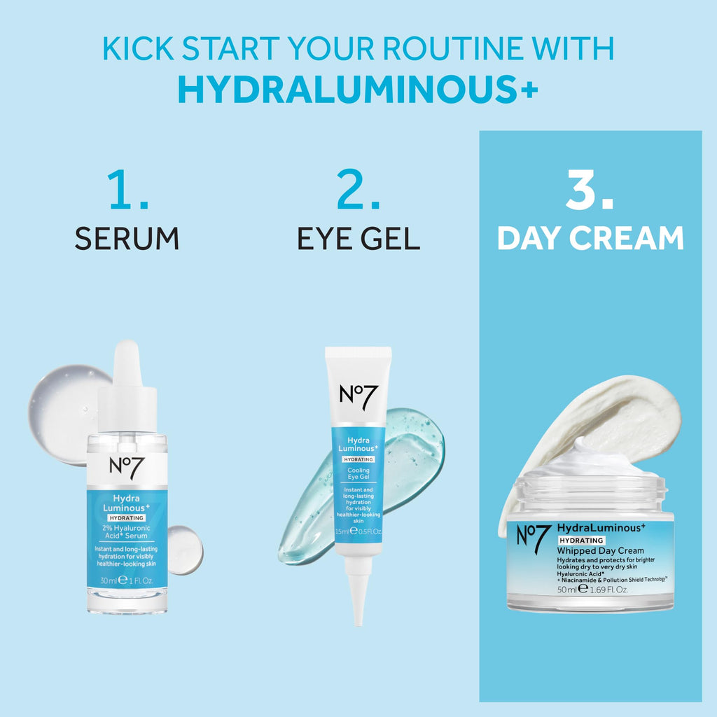 No7 HydraLuminous+ Whipped Day Cream – 72h Hydration with 2% Hyaluronic Acid & 5% Niacinamide (1.69 fl oz)
