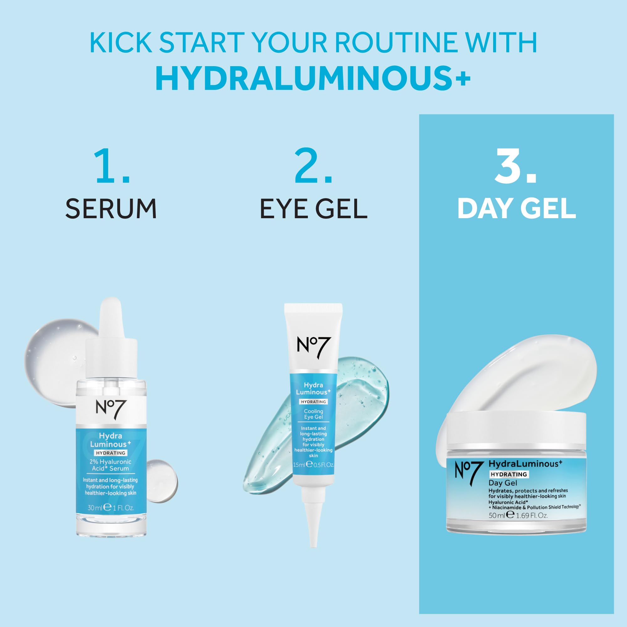 No7 HydraLuminous+ Hydrating Day Gel – 72-Hour Hydration with Hyaluronic Acid & Niacinamide