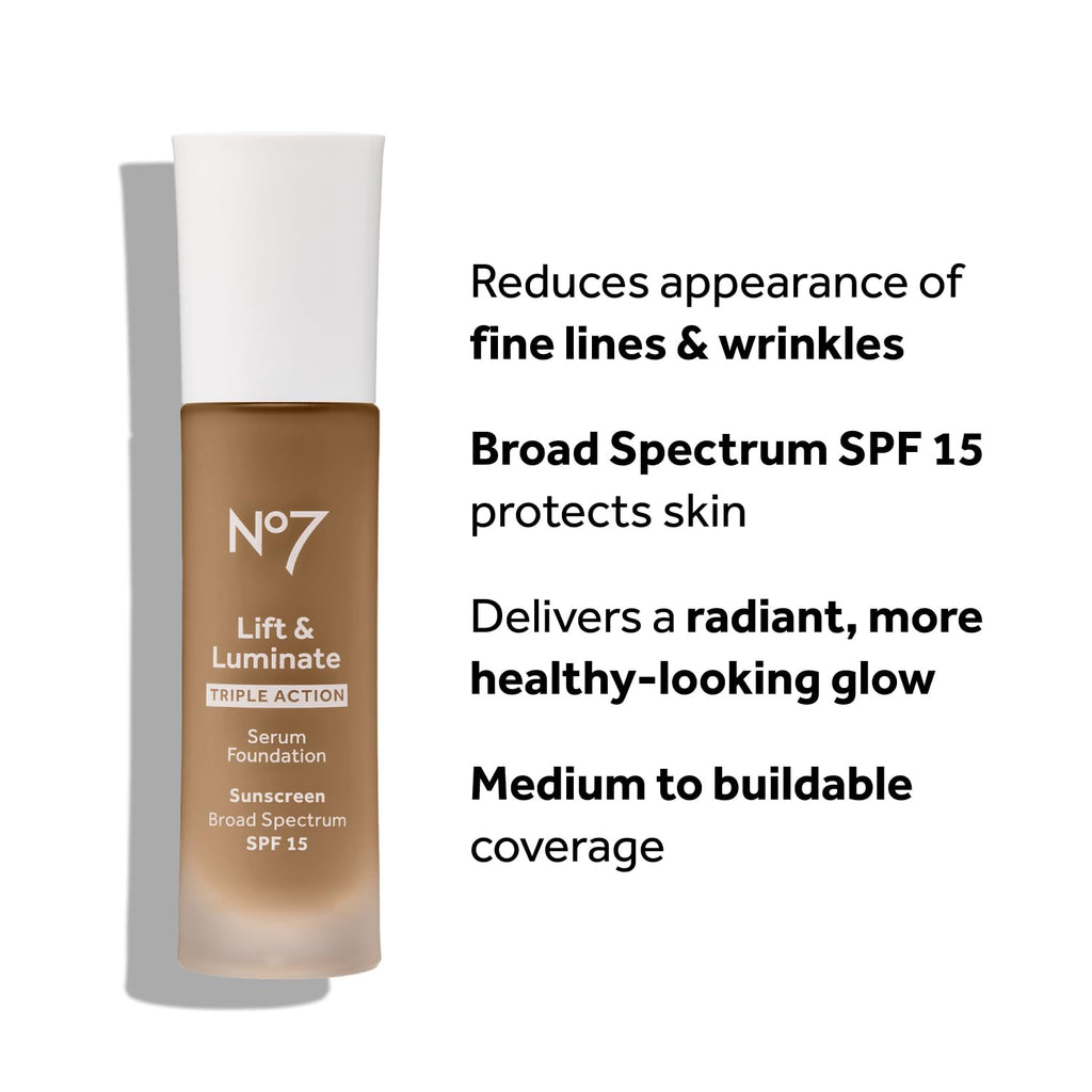 No7 Lift & Luminate Triple Action Serum Foundation - Umber | Dewy Base with SPF 15