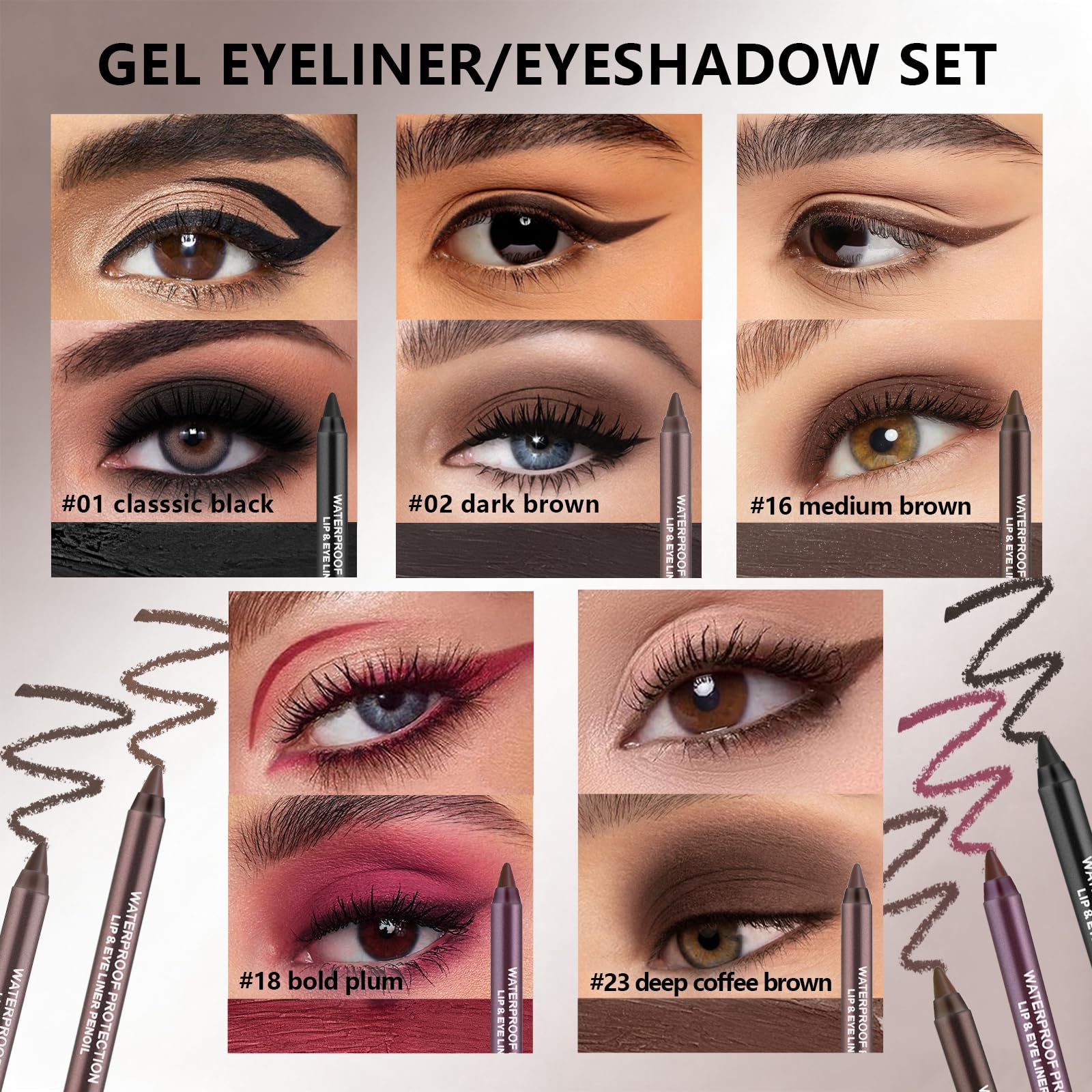 Noerrors Gel Eyeliner Pencil Set – 5 Colors, Waterproof, Long-Lasting, Built-in Sharpener