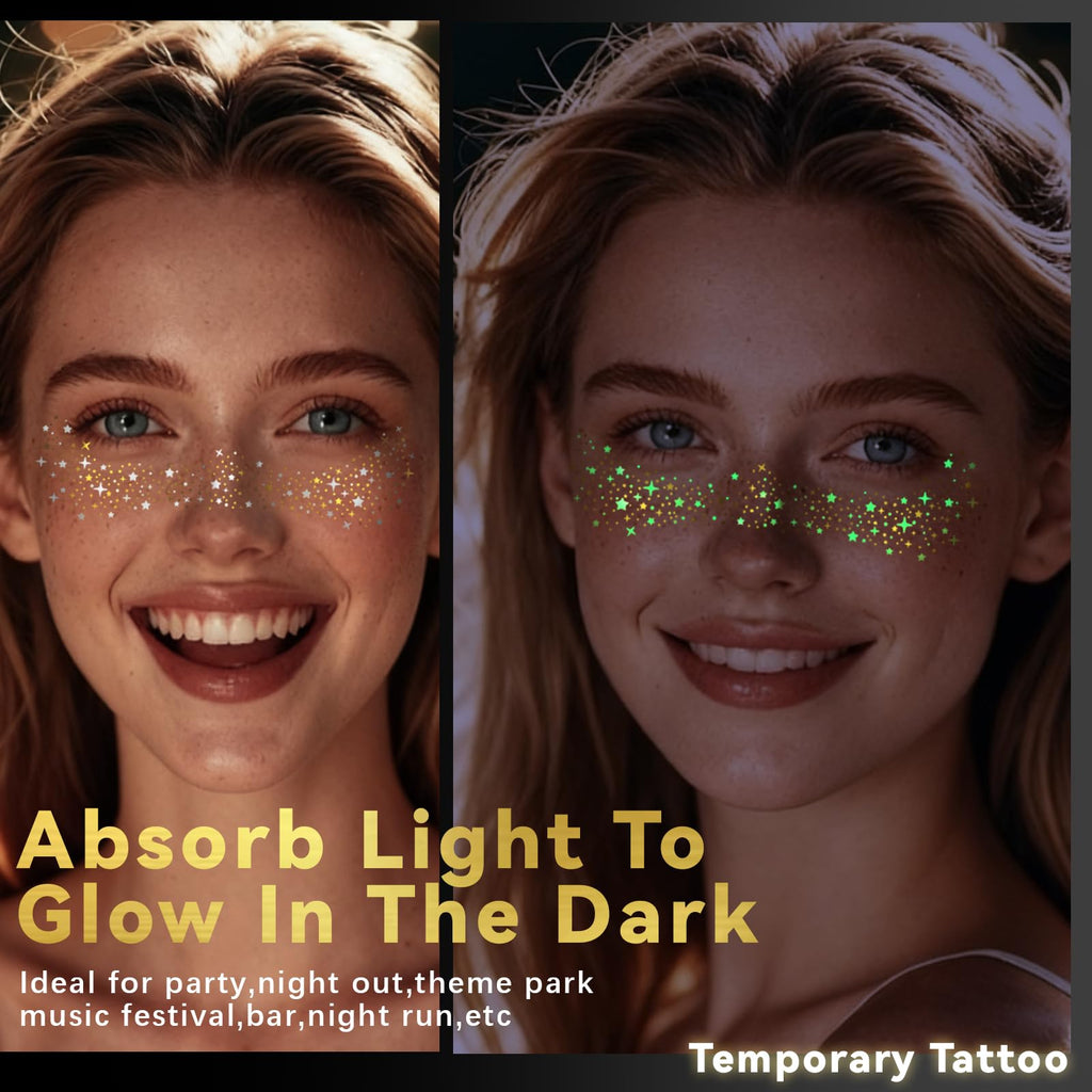 Noerrors 6pcs Glitter Freckles Glow-in-the-Dark Temporary Tattoos – Gold Star Sparkle Patches for Party