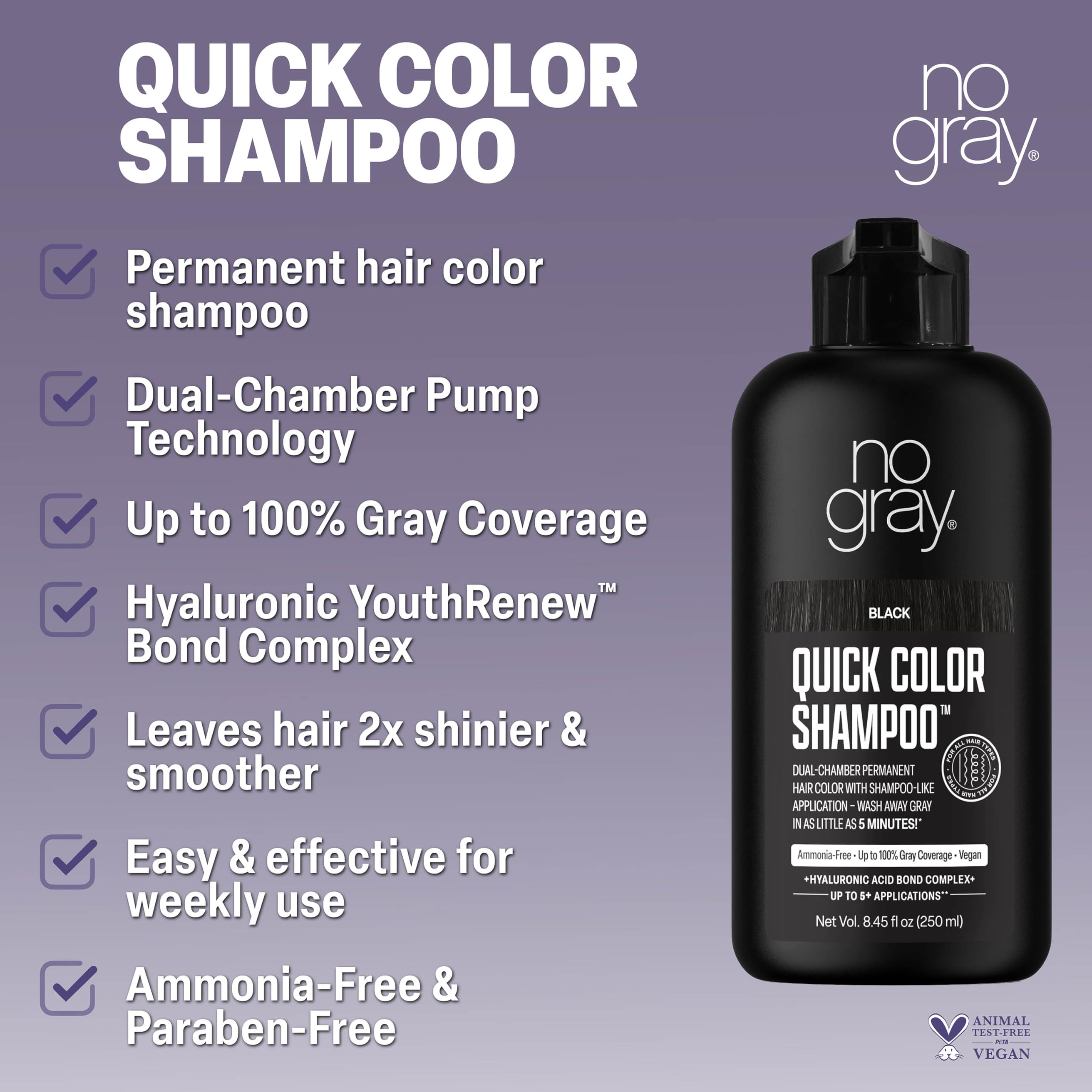 No Gray Quick Color Shampoo – Black, 8.45 oz | 5-Minute Gray Coverage