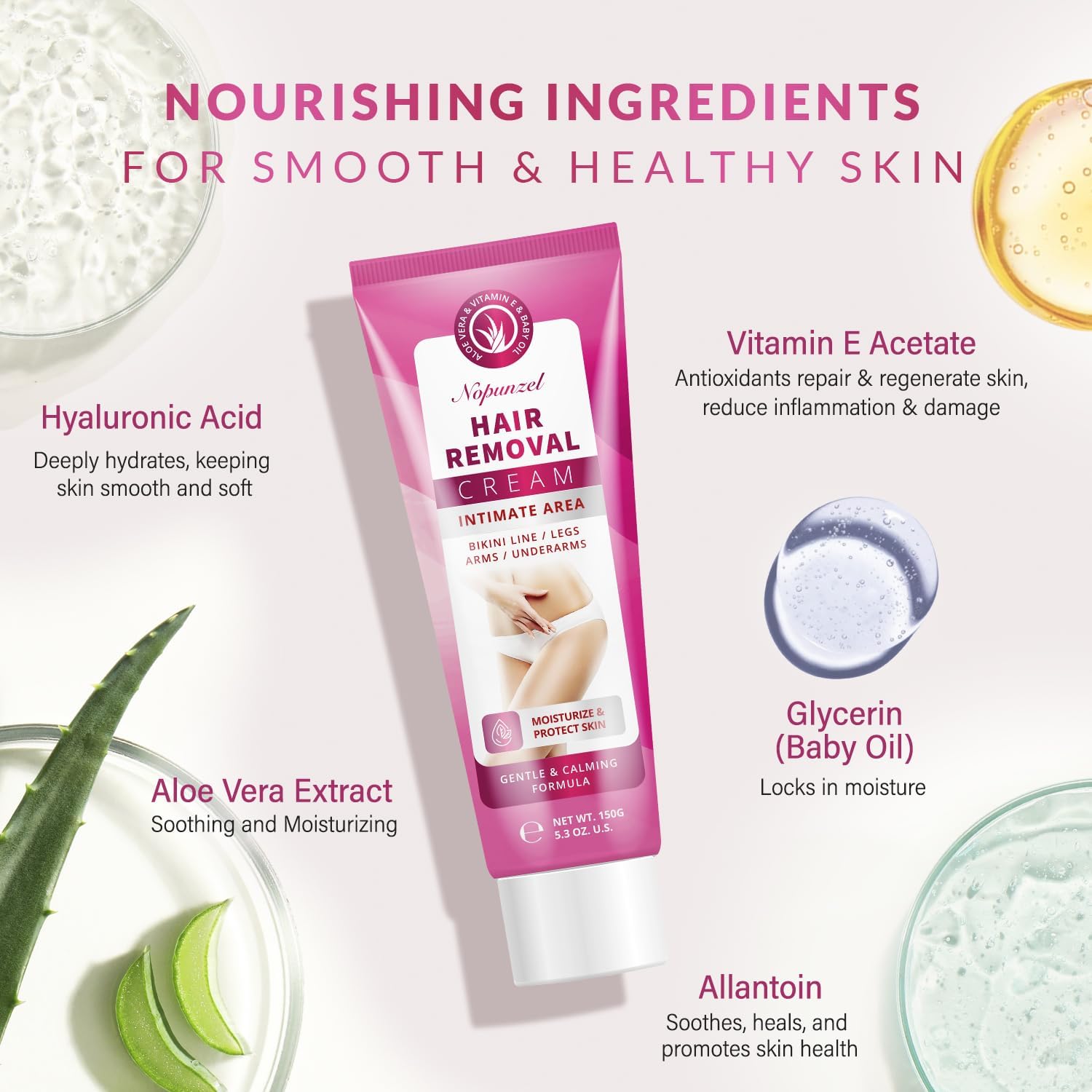 NOPUNZEL Hair Removal Cream for Women – Fast, Painless Bikini & Body Removal (5.3 oz)