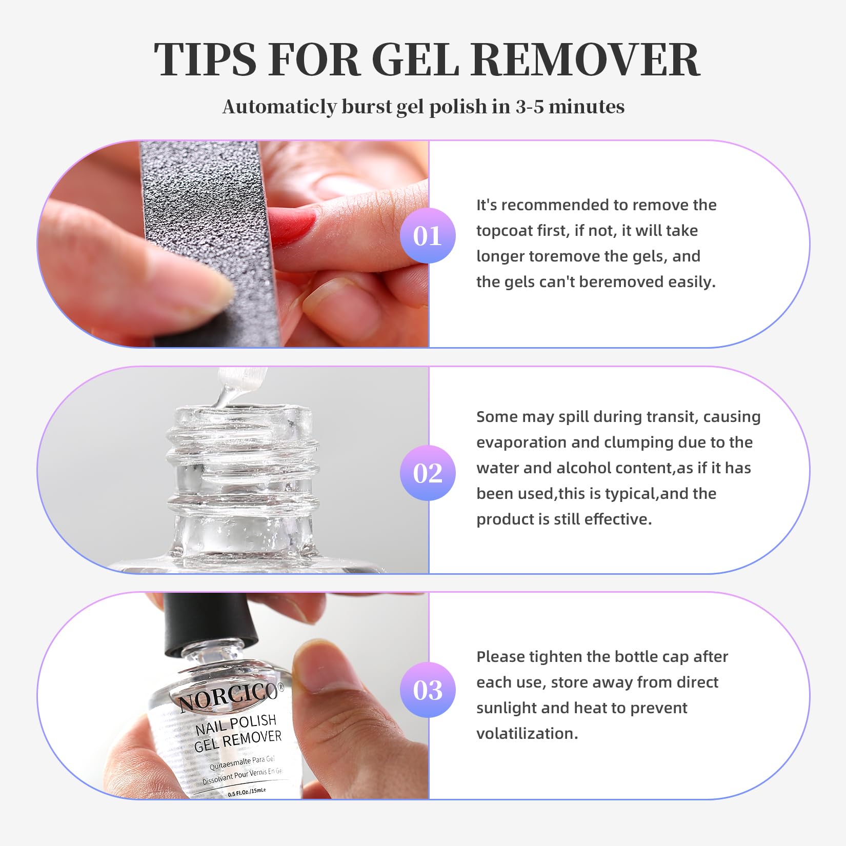 NORCICO Gel Polish Remover Kit – Fast 2-5 Min, No-Soak, 10ml Cuticle Oil & Pro Tools
