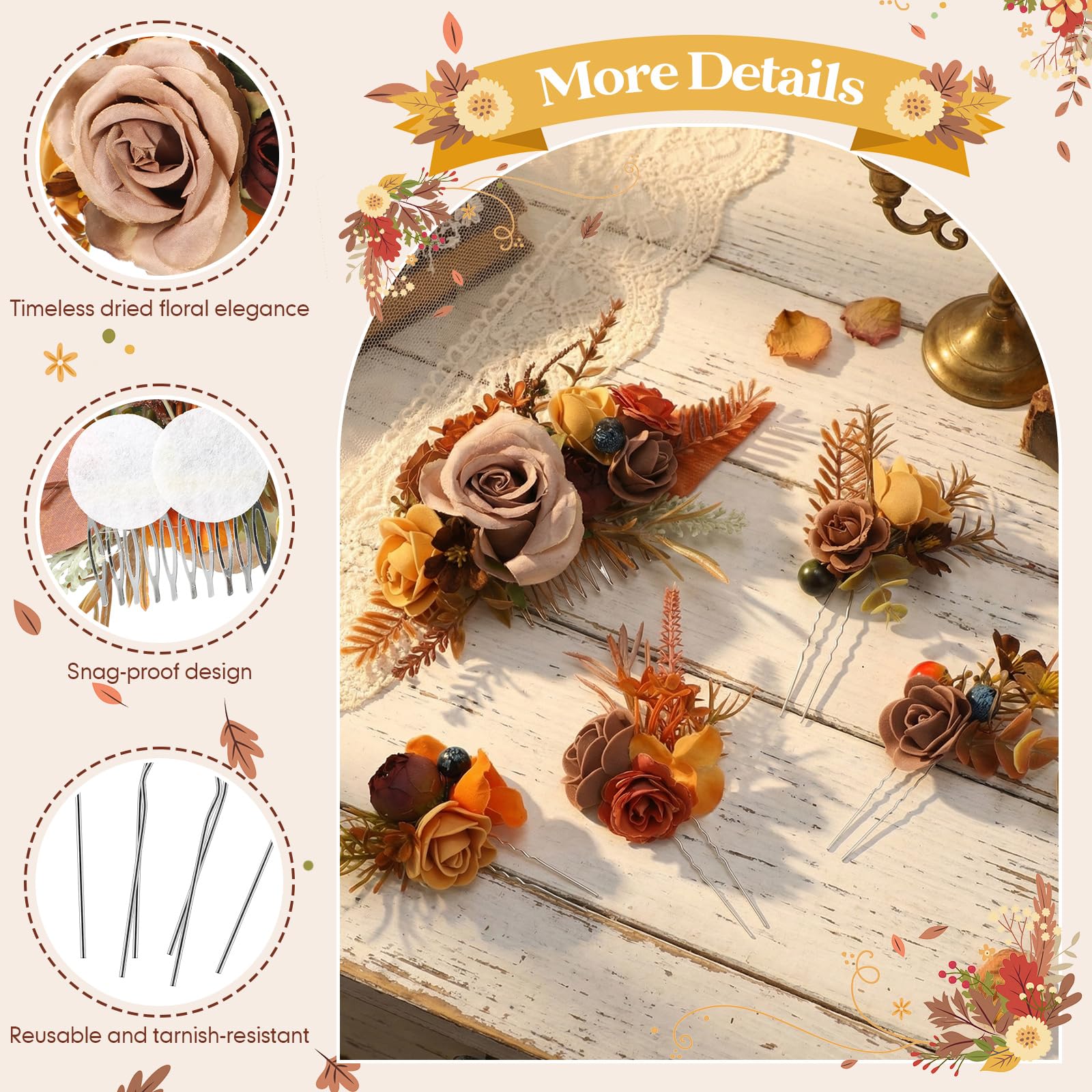Norme 5 Pcs Wedding Flower Hair Comb & Hairpins Set – Boho Orange Floral Accessories