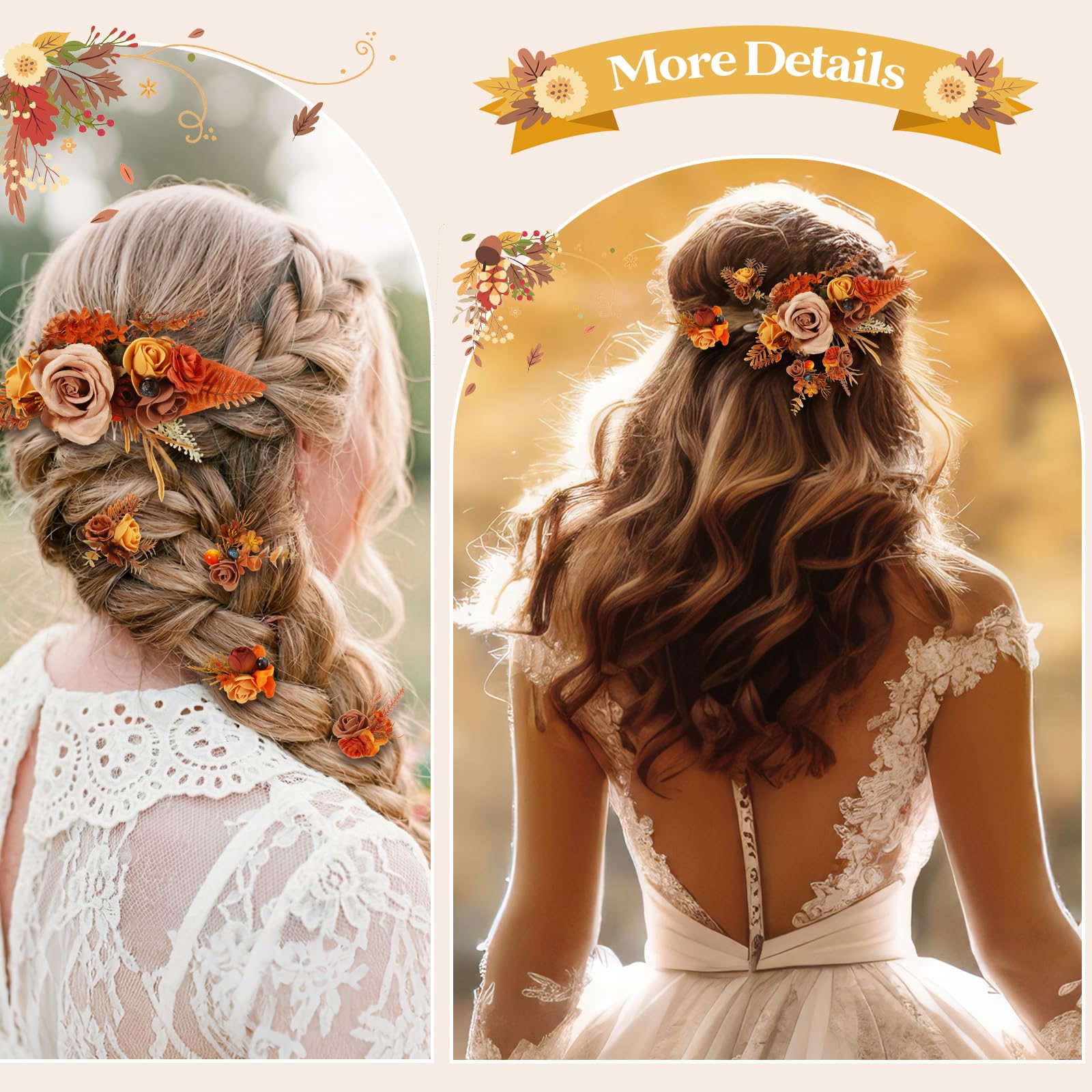 Norme 5 Pcs Wedding Flower Hair Comb & Hairpins Set – Boho Orange Floral Accessories