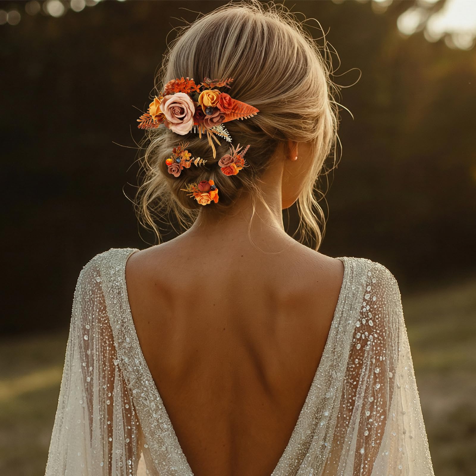 Norme 5 Pcs Wedding Flower Hair Comb & Hairpins Set – Boho Orange Floral Accessories