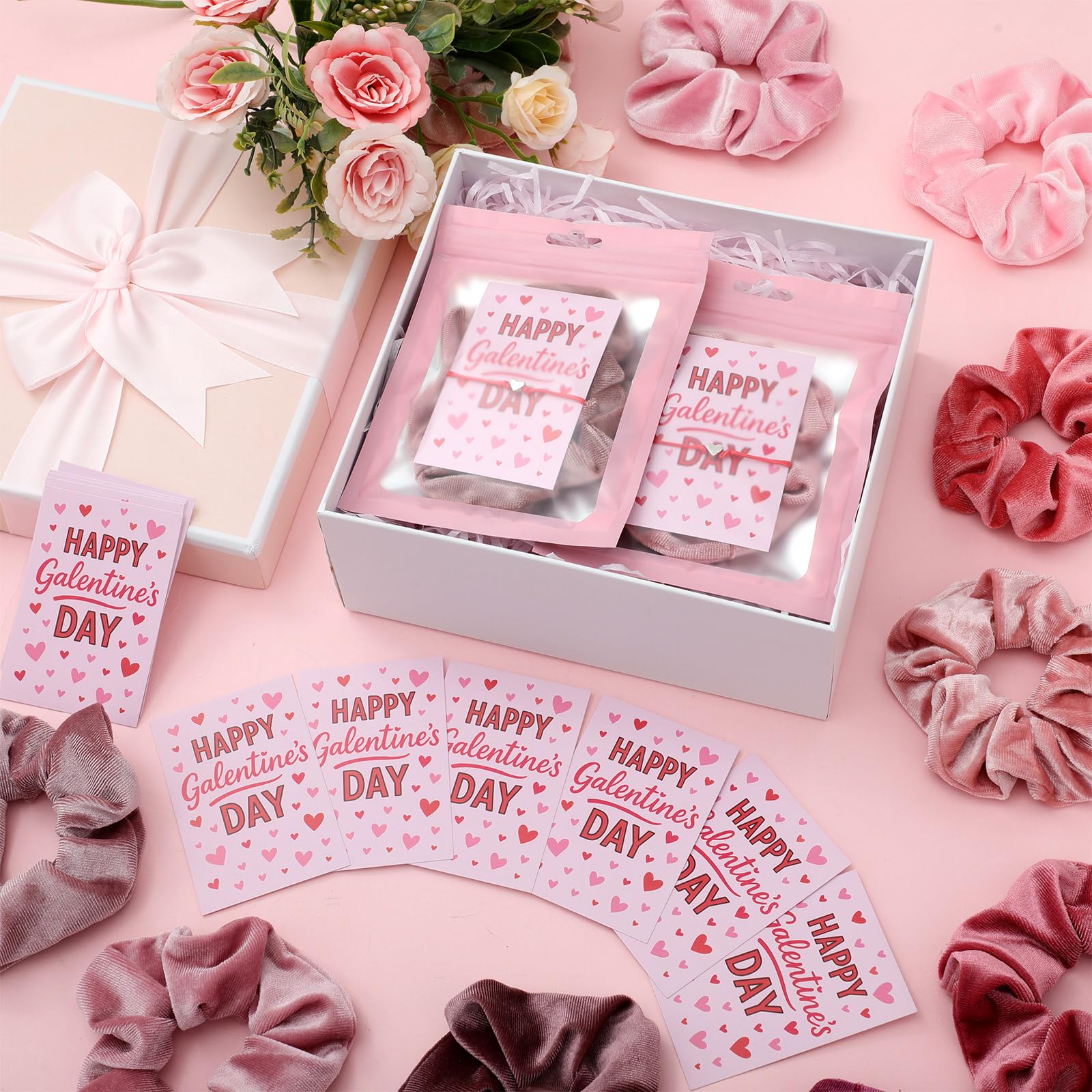 Norme 12-Piece Galentine's Gift Set — Velvet Scrunchies, Adjustable Heart Bracelets, Cards & Bags