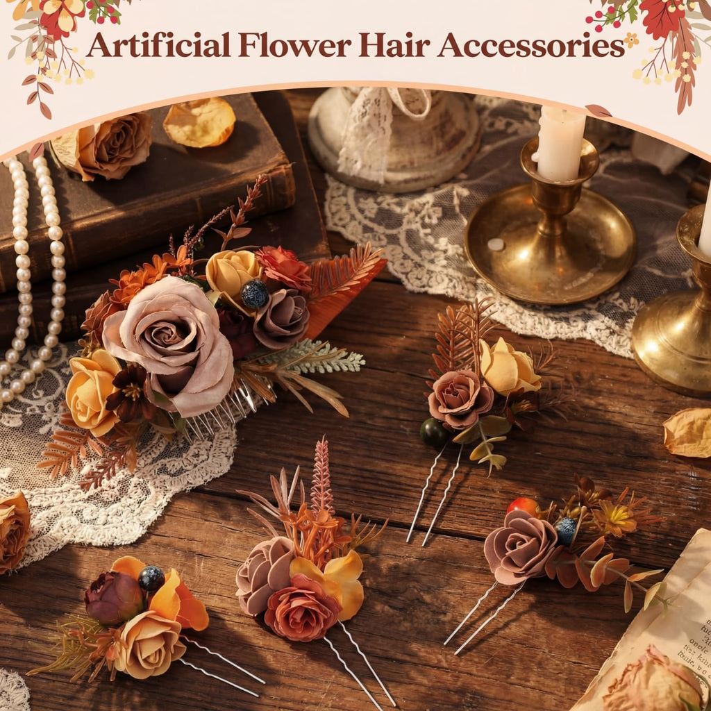 Norme 5 Pcs Wedding Flower Hair Comb & Hairpins Set – Boho Orange Floral Accessories