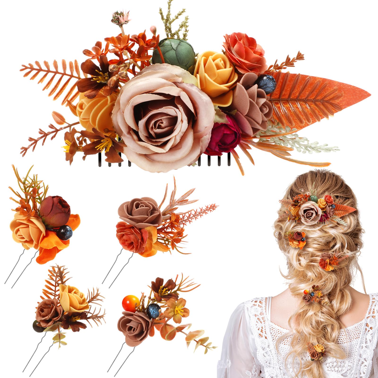 Norme 5 Pcs Wedding Flower Hair Comb & Hairpins Set – Boho Orange Floral Accessories
