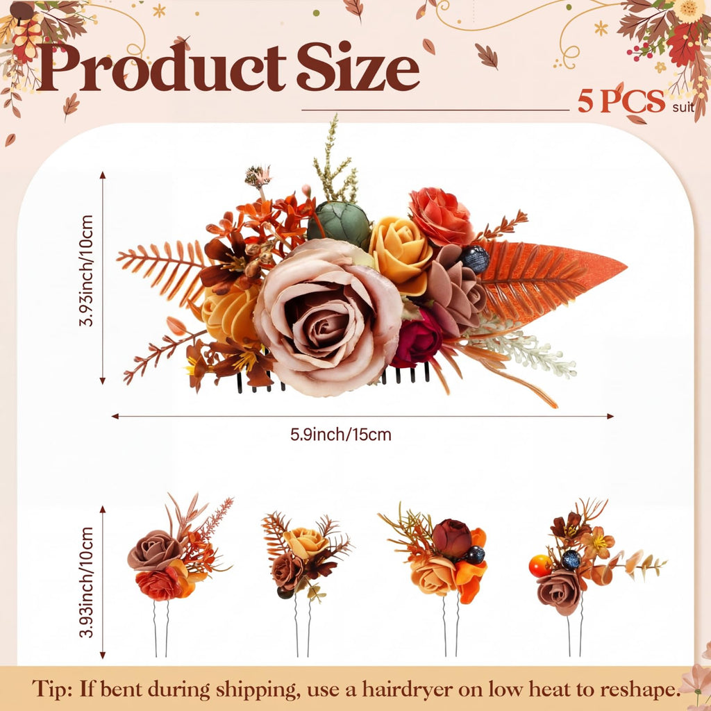 Norme 5 Pcs Wedding Flower Hair Comb & Hairpins Set – Boho Orange Floral Accessories