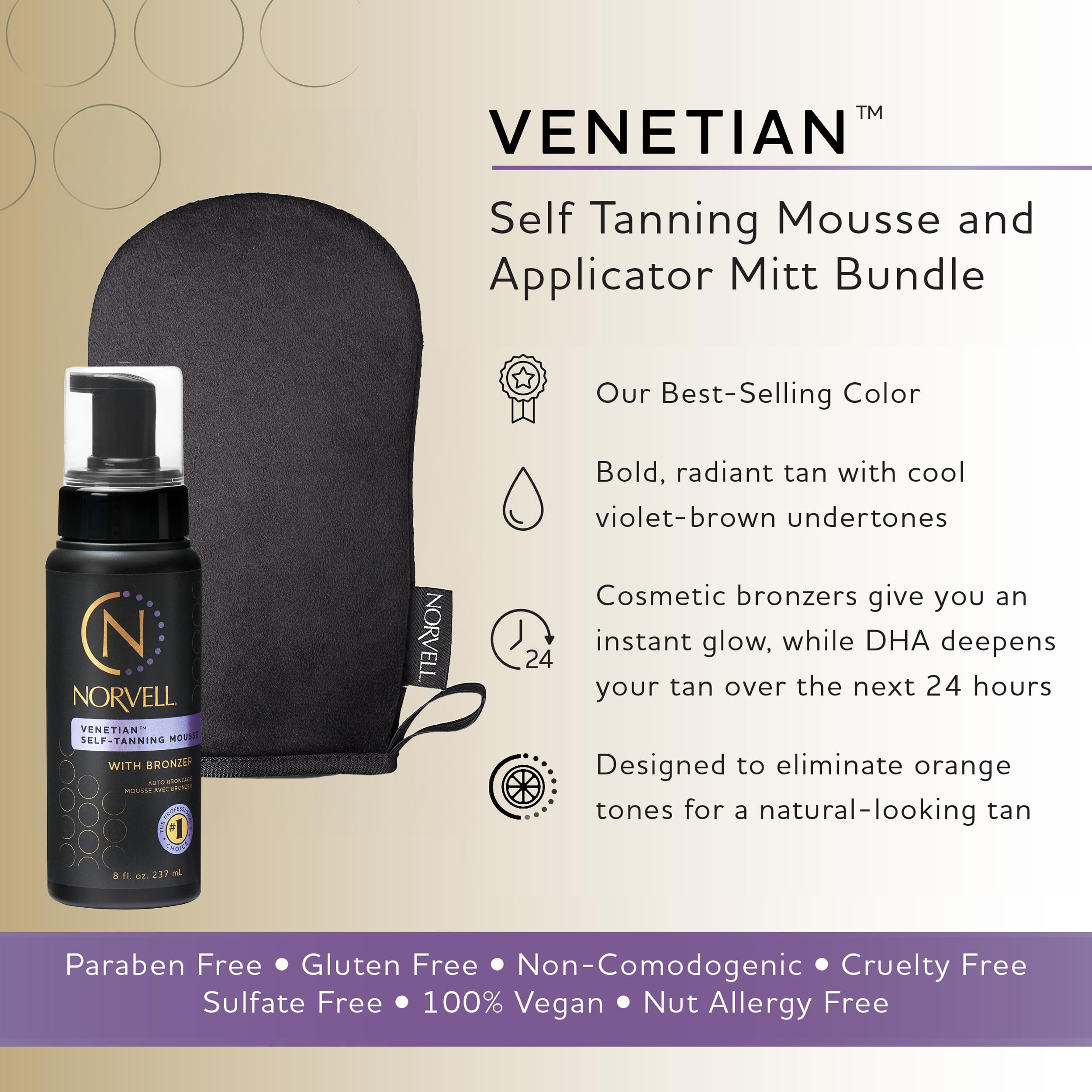 Norvell Venetian Self Tanning Set – 8 oz Mousse with Bronzer & Reusable Mitt