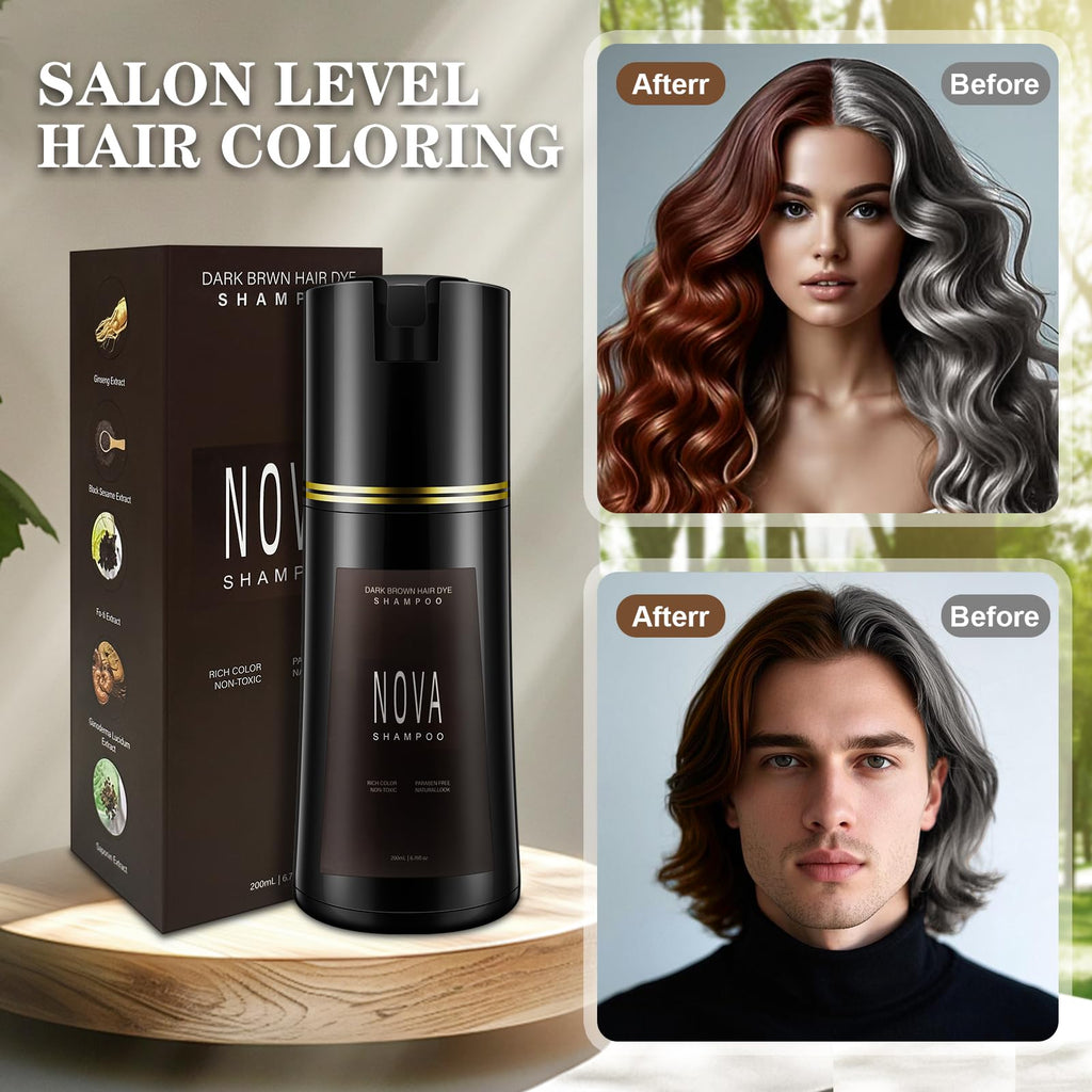 Nova Shampoo Hair Dye 3-in-1 for Gray Coverage - Dark Brown (200ml)