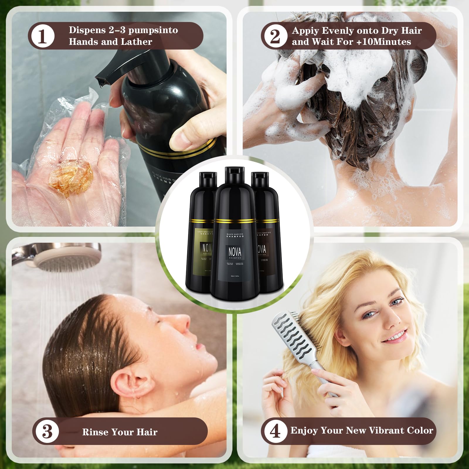 Nova Shampoo 3-in-1 Gray Coverage Hair Dye - Light Brown 500ml