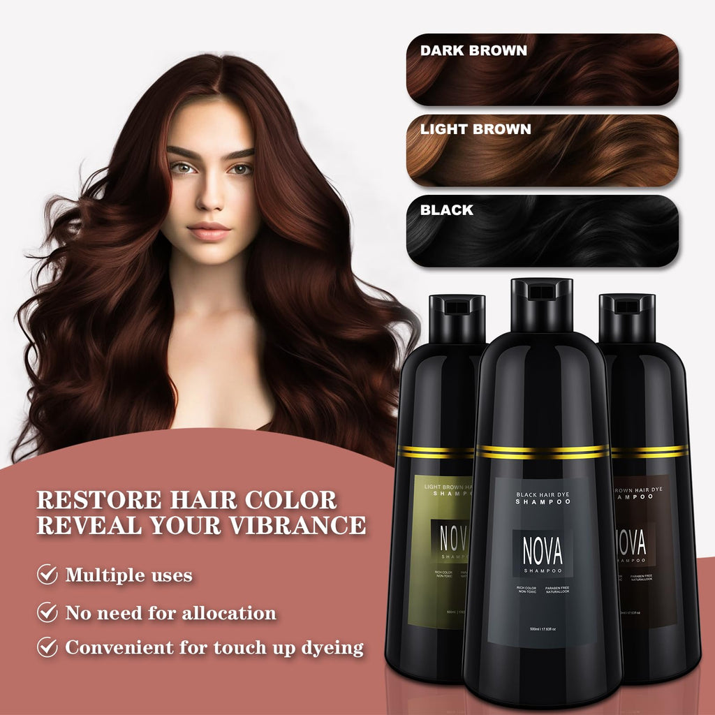 Nova Shampoo 3-in-1 Gray Coverage Hair Color Shampoo – Dark Brown 500ml