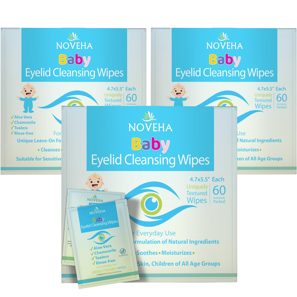 NOVEHA Baby Eyelid & Lash Wipes — Safe & Natural 180 Pcs (3x60 Pack)