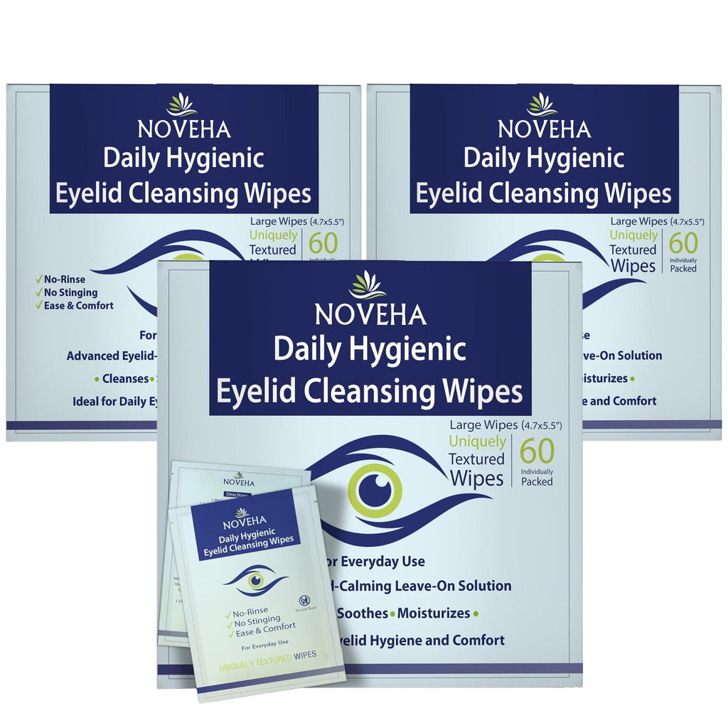 NOVEHA 180Pcs Daily Hygienic Eyelid & Lash Wipes – 120 Individually Wrapped Cleansing Wipes (3 Pack)