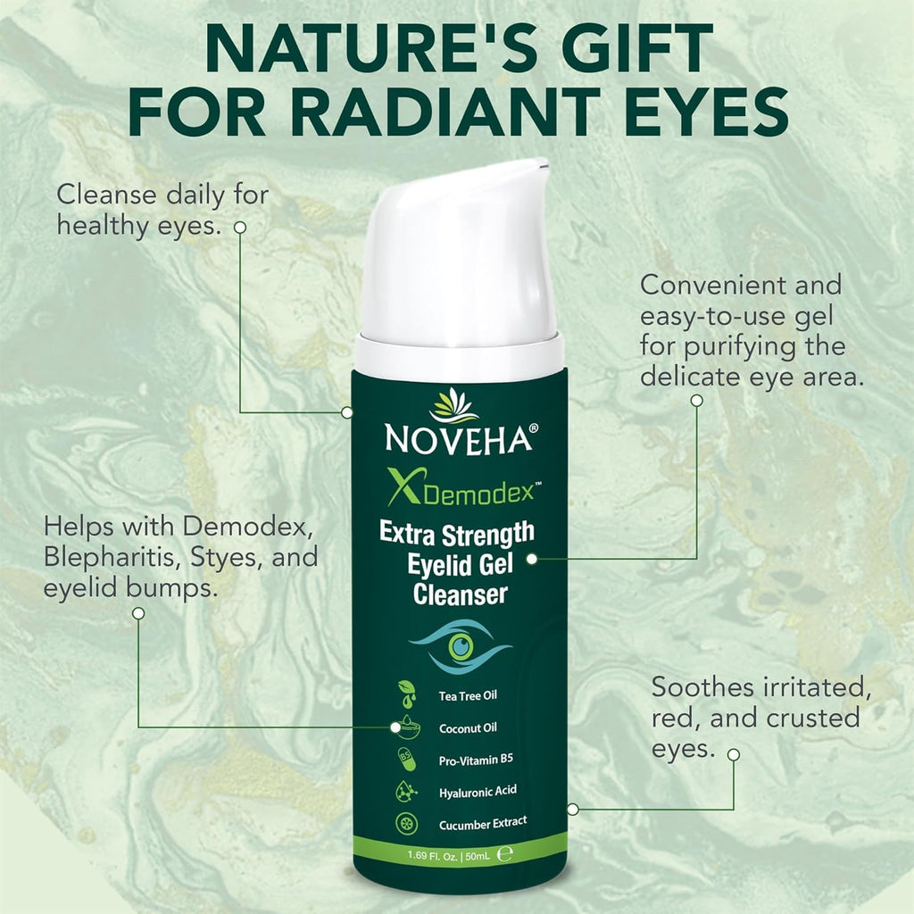 NOVEHA Demodex Eyelid Gel Cleanser - Extra Strength for Demodex, MGD & Dry Eye | 50mL (3 Pack)