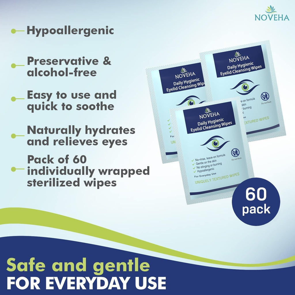 NOVEHA 180Pcs Daily Hygienic Eyelid & Lash Wipes – 120 Individually Wrapped Cleansing Wipes (3 Pack)