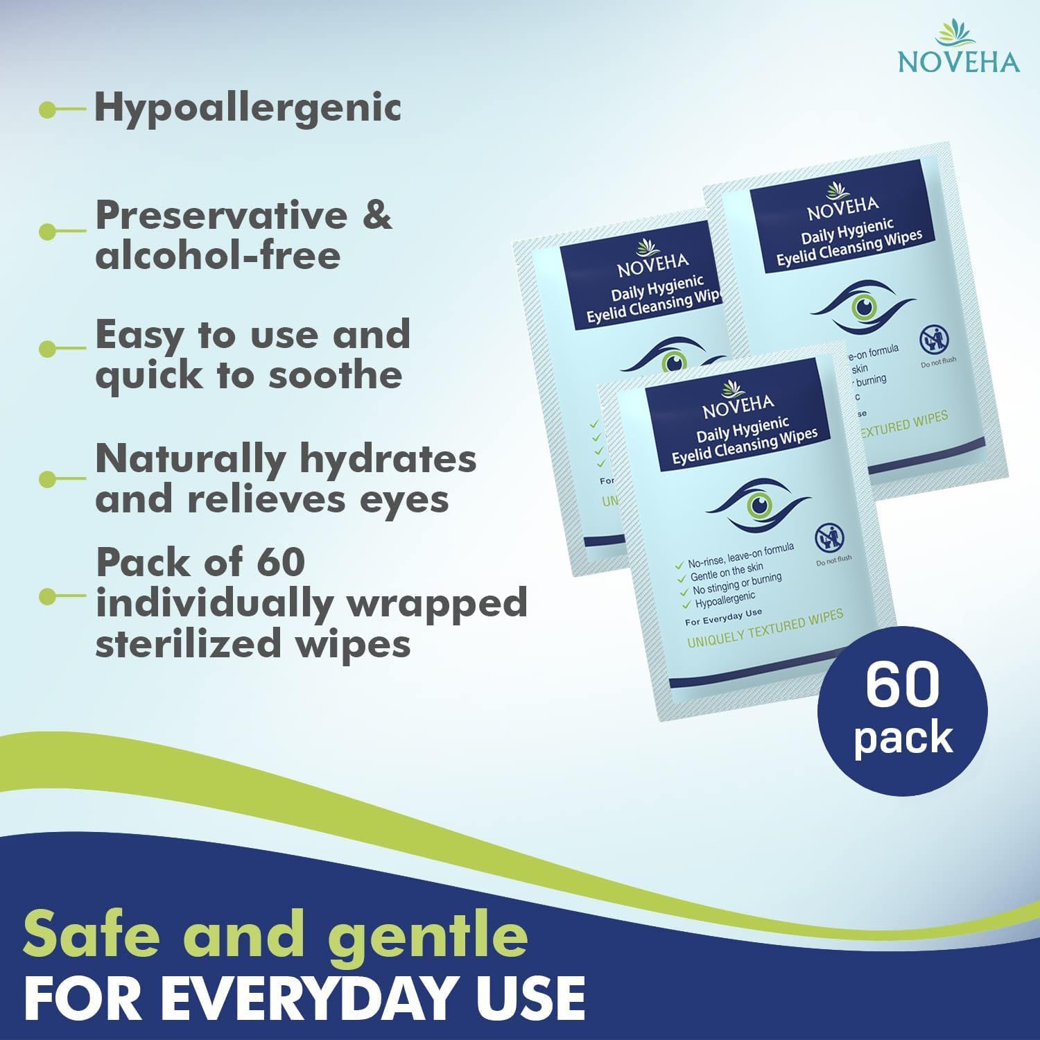 NOVEHA 180Pcs Daily Hygienic Eyelid & Lash Wipes – 120 Individually Wrapped Cleansing Wipes (3 Pack)