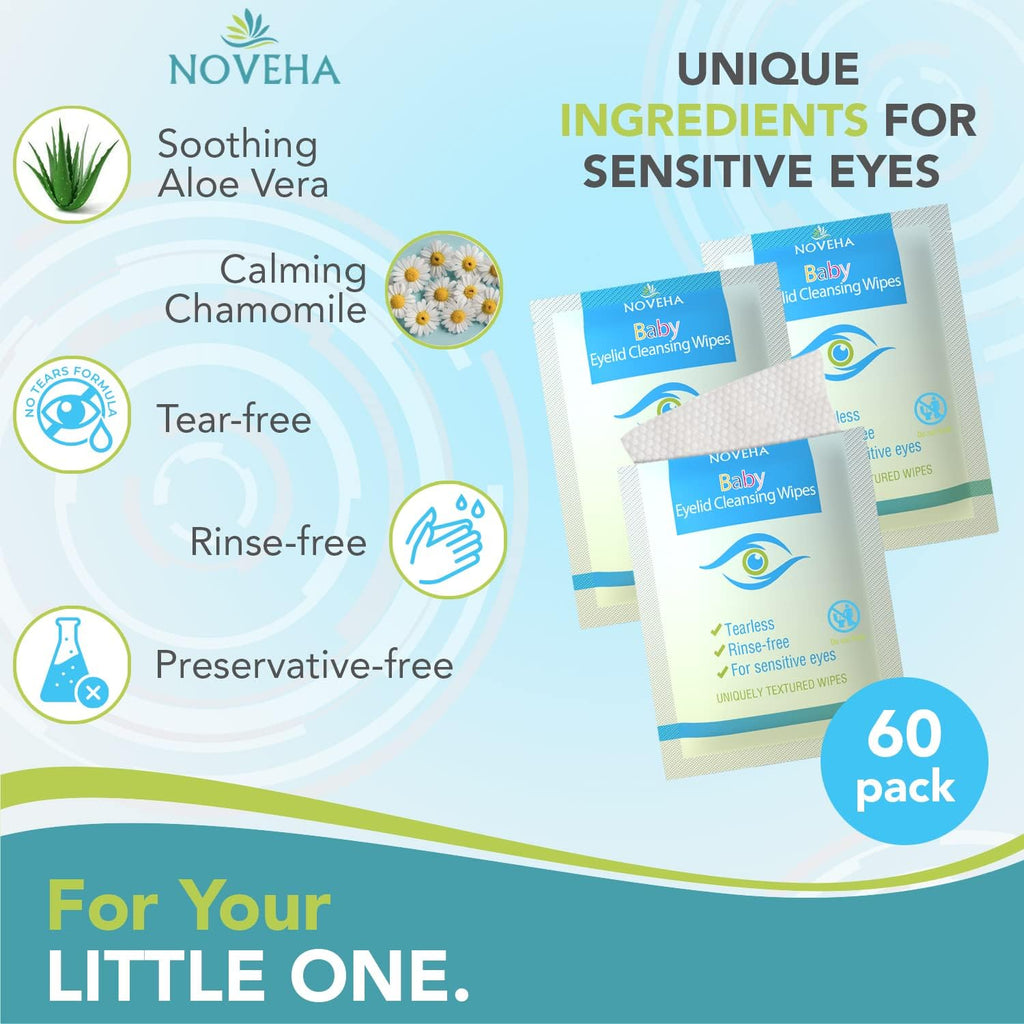 NOVEHA Baby Eyelid & Lash Wipes — Safe & Natural 180 Pcs (3x60 Pack)