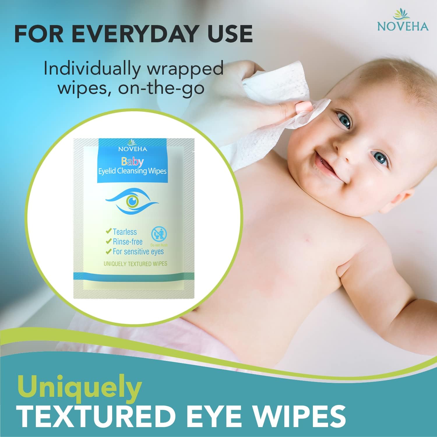 NOVEHA Baby Eyelid & Lash Wipes — Safe & Natural 180 Pcs (3x60 Pack)