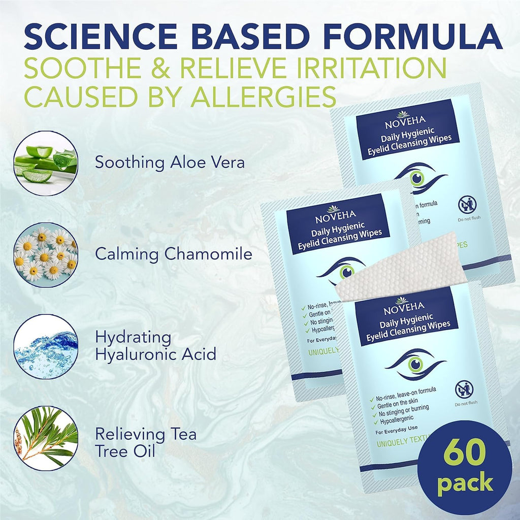 NOVEHA 180Pcs Daily Hygienic Eyelid & Lash Wipes – 120 Individually Wrapped Cleansing Wipes (3 Pack)