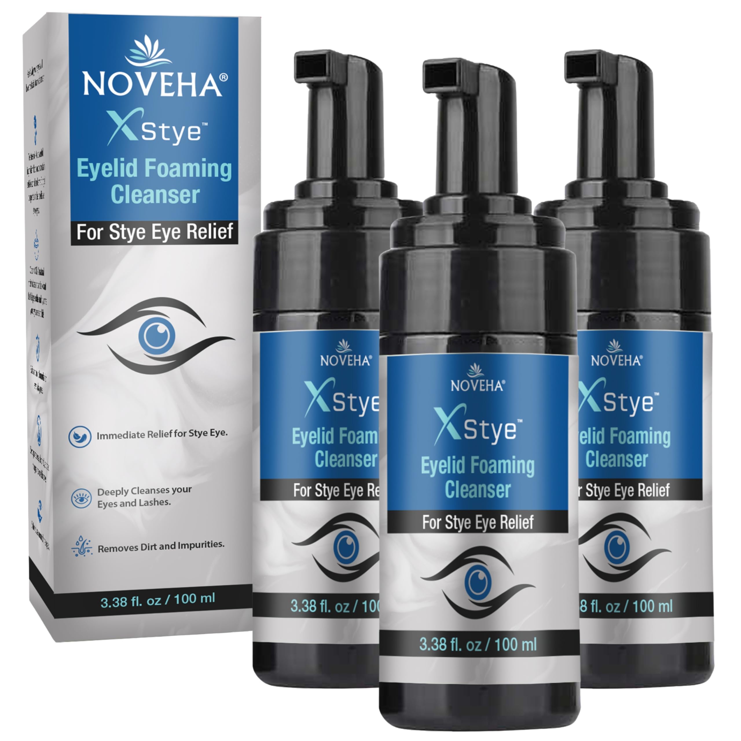 NOVEHA XStye Eyelid Foaming Cleanser — Tea Tree Oil, 3 × 100 mL (3PK)