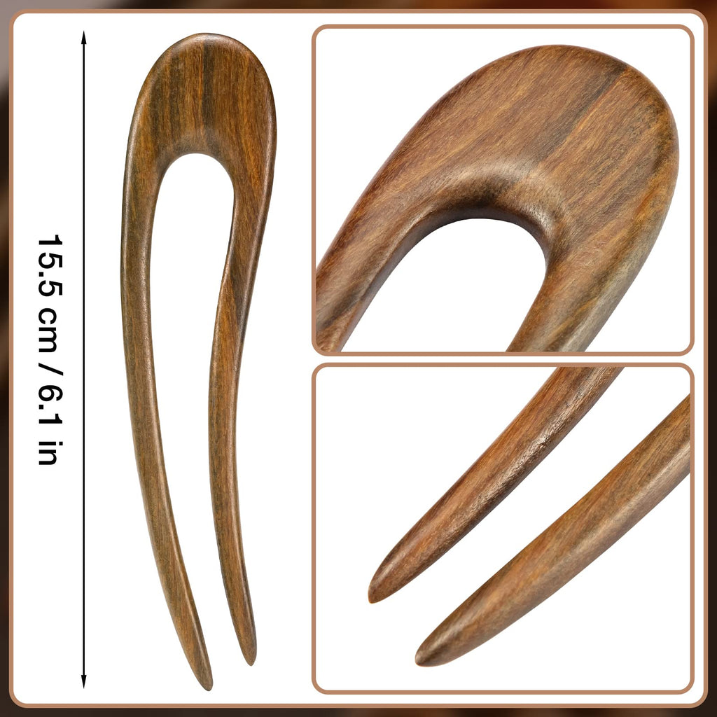 Noverlife 2PCS French Wood Hair Forks – Hand-Carved Sandalwood U-Shape Hair Pins with Crescent Moon Design