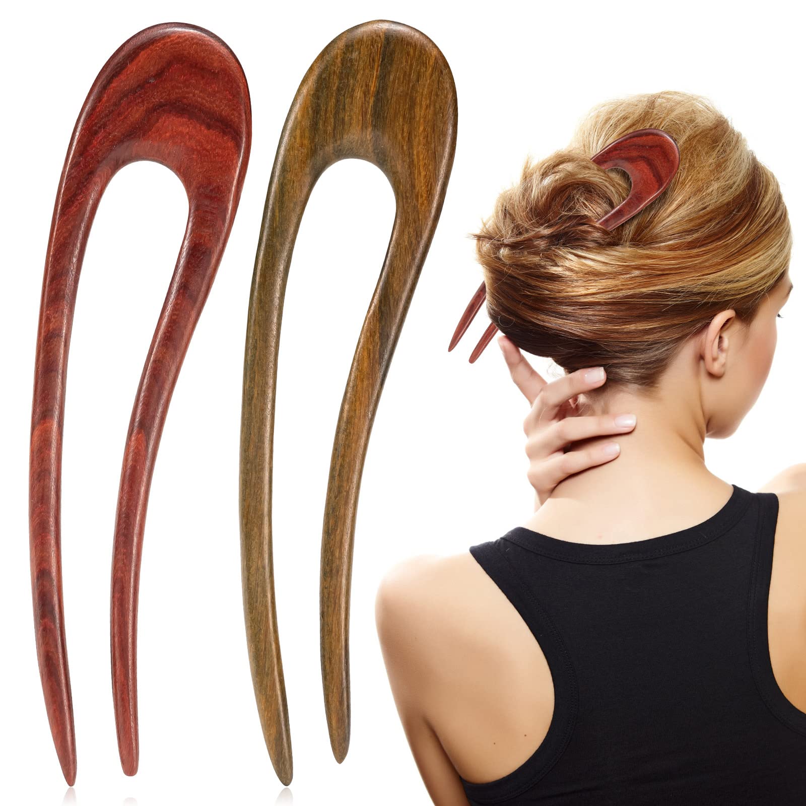 Noverlife 2PCS French Wood Hair Forks – Hand-Carved Sandalwood U-Shape Hair Pins with Crescent Moon Design
