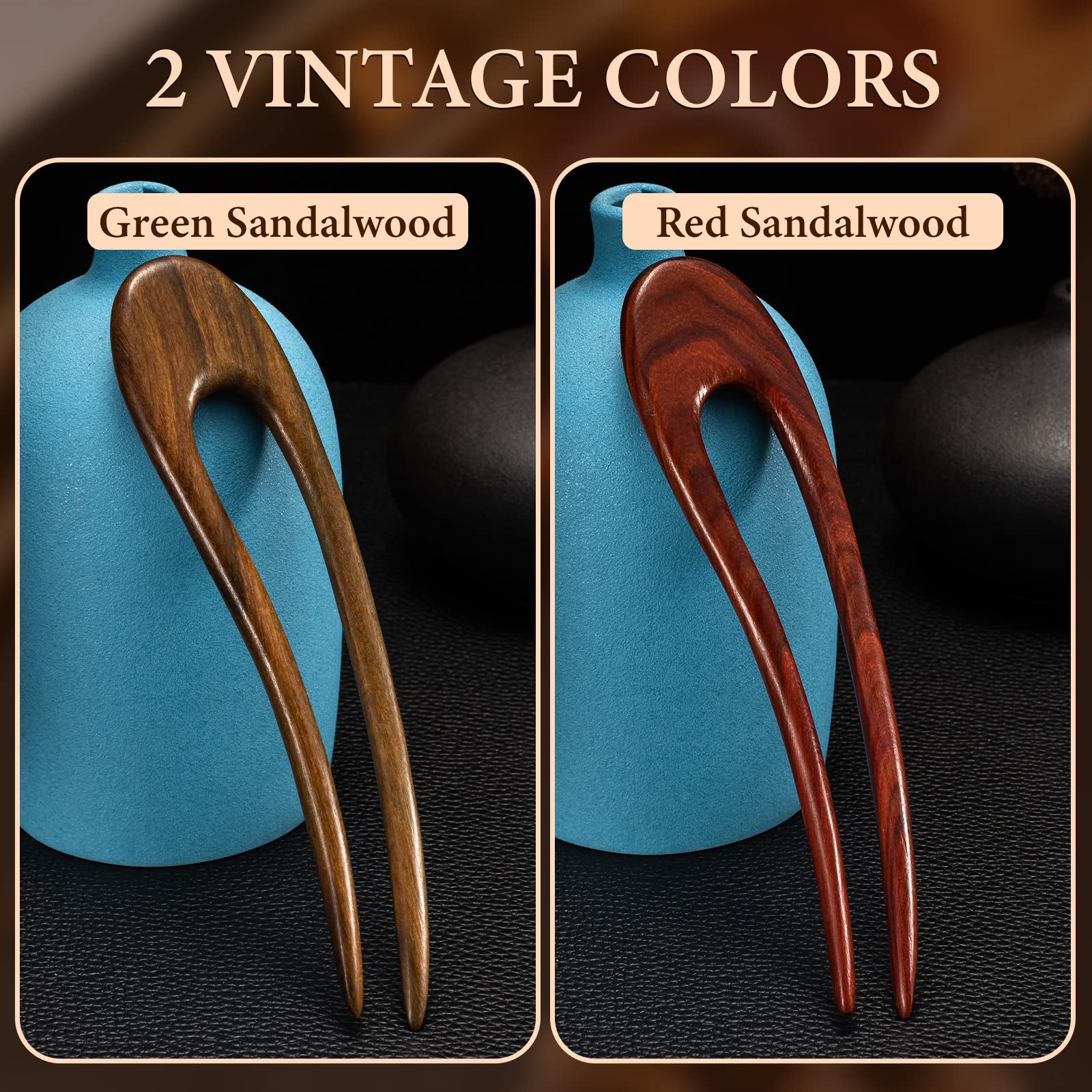 Noverlife 2PCS French Wood Hair Forks – Hand-Carved Sandalwood U-Shape Hair Pins with Crescent Moon Design