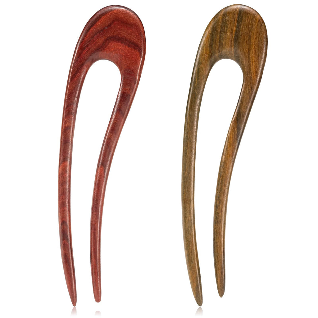 Noverlife 2PCS French Wood Hair Forks – Hand-Carved Sandalwood U-Shape Hair Pins with Crescent Moon Design