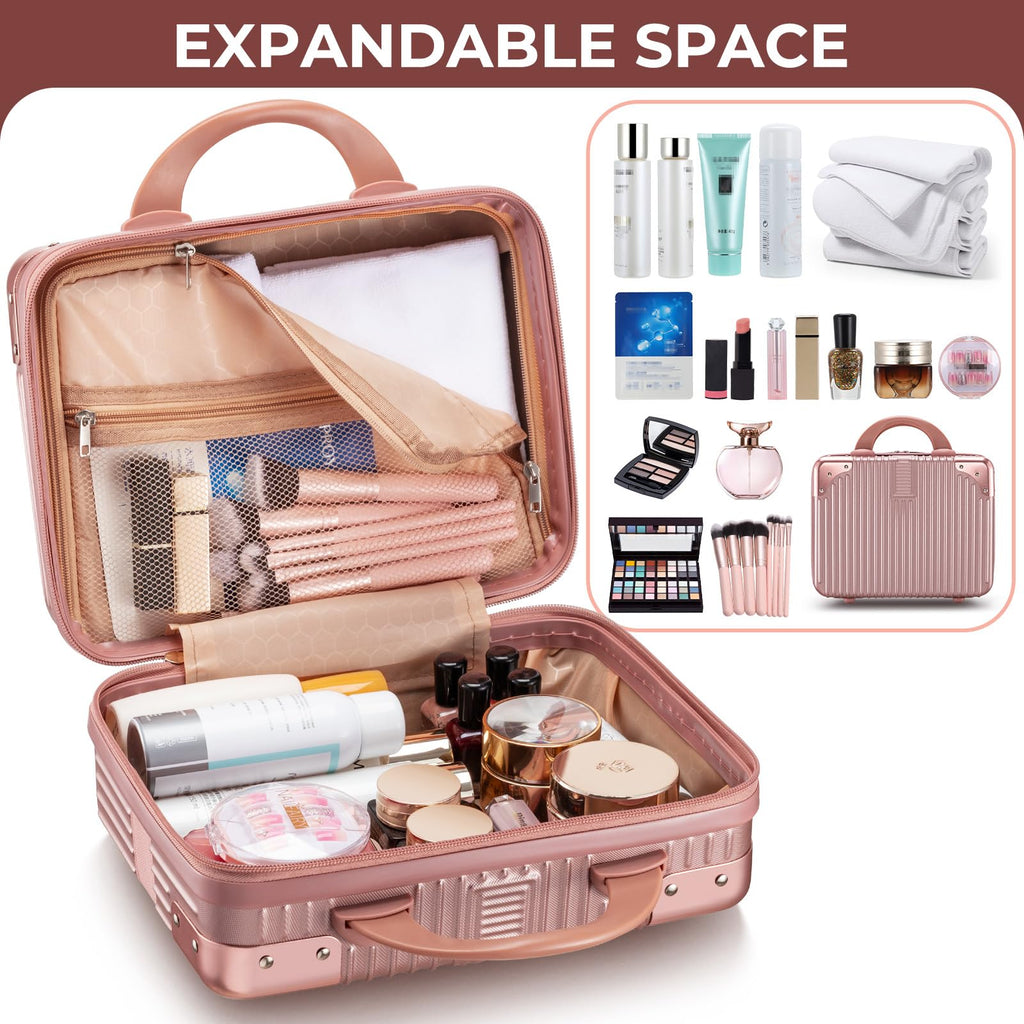 Noverlife 14-Inch Rose Gold Portable Makeup Case | Travel-Friendly Hard Shell