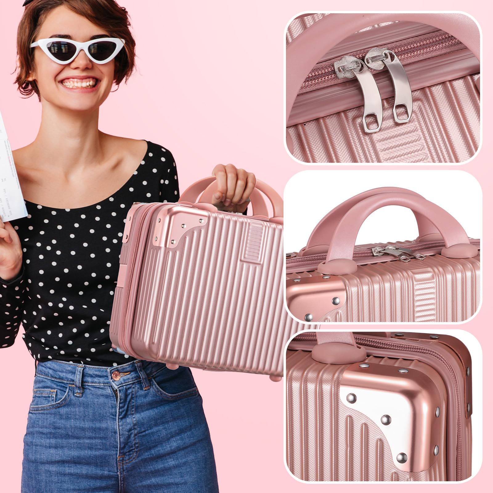 Noverlife 14-Inch Rose Gold Portable Makeup Case | Travel-Friendly Hard Shell