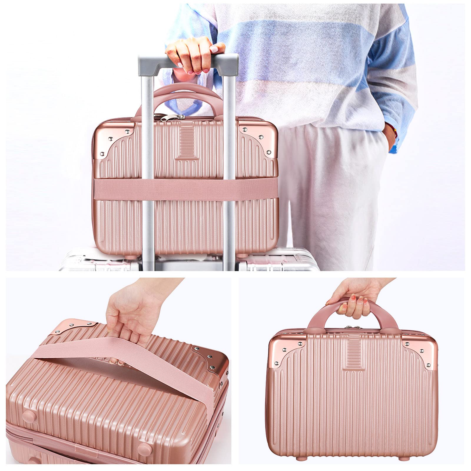 Noverlife 14-Inch Rose Gold Portable Makeup Case | Travel-Friendly Hard Shell