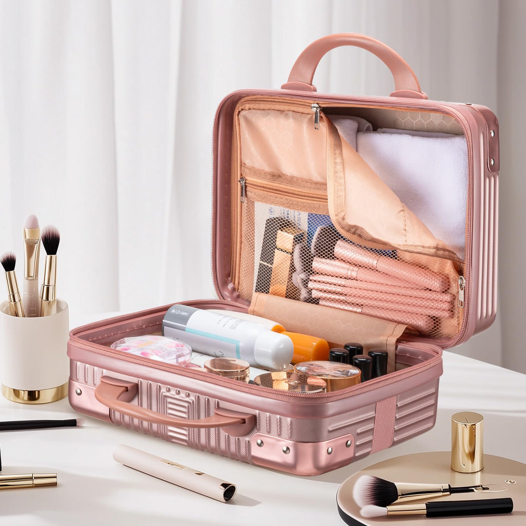 Noverlife 14-Inch Rose Gold Portable Makeup Case | Travel-Friendly Hard Shell